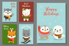 four christmas cards with cute animals and snowflakes