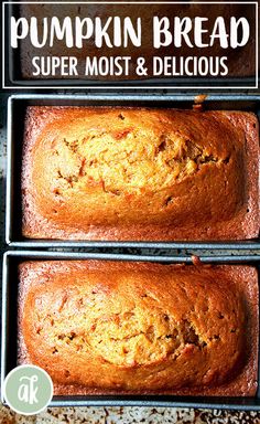 two loafs of pumpkin bread sitting on top of a pan with the words, pumpkin bread