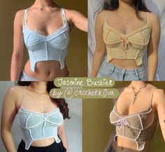 four pictures of different types of bras with crochet lace on the sides