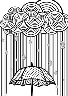 black and white drawing of an umbrella with rain coming out of the clouds above it