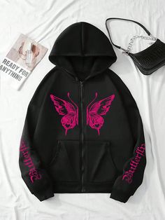 Women Butterfly Printed Casual Loose Shoulder Long Sleeve Hoodie Jacket Black Casual  Long Sleeve Polyester Animal,Letter,Butterfly Zip Up Slight Stretch  Women Clothing, size features are:Bust: ,Length: ,Sleeve Length: Hoodie Jacket Women, Festival Outfits Rave, Outfits Rave, Printed Sleeveless Top, Butterfly Print, Black Casual, Casual Fall, Festival Outfits, Long Sleeve Sweatshirts