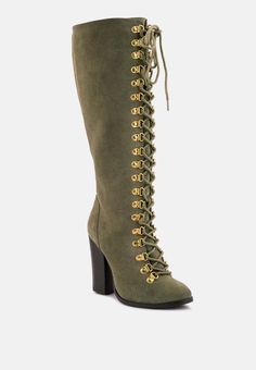 sleet-slay antique olive heeled calf boot_olive Girls Bed, Luxury Boots, Halloween 2023, Antique Inspiration, Antique Metal, Eyelet Lace, Calf Boots, Party Shoes, Women Lace