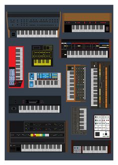 an array of musical instruments and keyboards on a gray background, including one piano keyboard