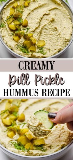 hummus dip with pickles and cream in a bowl