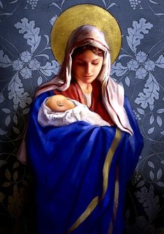 a painting of a woman holding a baby in her lap and wearing a blue blanket