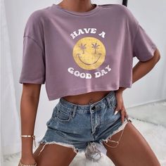 Super Cute And Stylish Ships In 5-10 Business Days Trendy Crew Neck Crop Top For Vacation, Cute Purple Top For Day Out, Casual Crew Neck Crop Top For Vacation, Casual Purple Crop Top, Casual Purple Summer Tops, Purple Graphic Print Tops For Vacation, Cute Purple Tops With Relaxed Fit, Color Uva, Drop Shoulder Tee