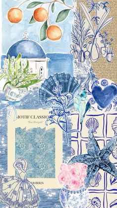 a collage of blue and white artwork with oranges