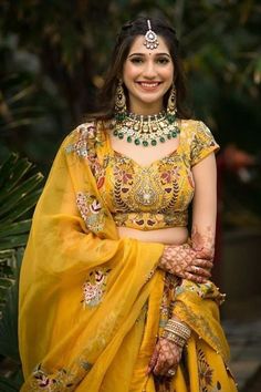 Haldi Poses For Bride, Lehenga Saree Design, Mehendi Outfits, Traditional Hairstyle, Bridal Lehenga Collection