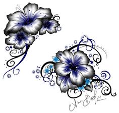 two blue flowers with swirls and stars on the bottom half of each flower, one is