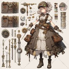 an image of a woman in steam punk clothing with various tools and gadgets around her