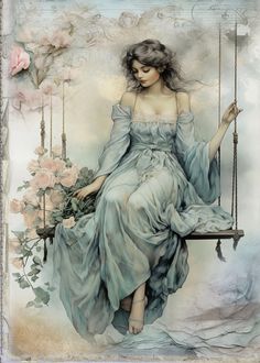 a painting of a woman sitting on a swing with flowers in her hair and dress