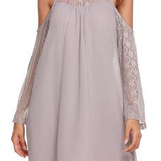 Acevog Women's Cold Shoulder Lace Chiffon Mini Patchwork Loose Casual Dress Summer Evening Chiffon Dress With Lace, Chiffon Lace Evening Dress For Summer, Sheer Chiffon Cocktail Dress, Elegant Chiffon Mini Dress With Lace Trim, Elegant Summer Lace Chiffon Dress, Summer Chiffon Dresses With Lace Sleeves, Elegant Flowy Lace Mini Dress, Chiffon Party Dress With Lace Trim, Womens Tennis Dress