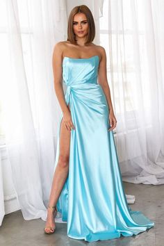 Blue Dresses With Ruched Bodice And Straight Neckline, Blue Dress With Ruched Bodice And Straight Neckline, Blue Wedding Dress With Straight Neckline, Formal Blue Square Neck Dress, Blue Split Evening Dress, Blue Square Neck Evening Dress, Blue Square Neck Formal Dress, Blue Satin Dress With Straight Neckline, Blue Evening Dress With Side Slits For Prom