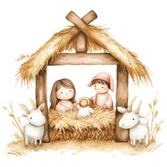 a watercolor painting of two children in a manger with sheep and lambs