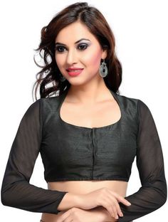 This is Black color Ready to Wear Saree Blouse. Item is made in Dupion Silk & Georgette Fabrics with soft cotton lining Size available from Bust 32 to Bust 50. This is Front Open Blouse. The blouse size is based upon bust all round measurement, for example if your bust size is 41 or 42 inches please select 42 bust from our store All blouses have two inches margin which can be opened for further adjustments We can do any type of alteration like adding short sleeves or long sleeves etc Please Note Black Saree With Padded Blouse, Black Long Sleeve Blouse For Wedding, Black Saree With Long Sleeve And Unstitched Blouse, Fitted Black Blouse Piece With Long Sleeves, Fitted Long Sleeve Black Blouse Piece, Fitted Long Sleeve Black Blouse, Elegant Black Long Sleeve Blouse, Fitted Long Sleeve Blouse With Self Design, Black Long Sleeve Padded Blouse