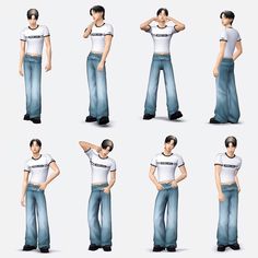 multiple poses of a man in jeans and t - shirt with his hands on his hips