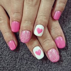 Pink And White Valentines Day Nails, Fun Fingernails Ideas, Pink Gel Nails With Heart Design, Valentines Day Nails Gel Pink, White Heart On Nails, Dip Nails With Heart Design, Kids Valentine Nails, Valentine's Day Nail Designs Pink, Kids Valentines Nails