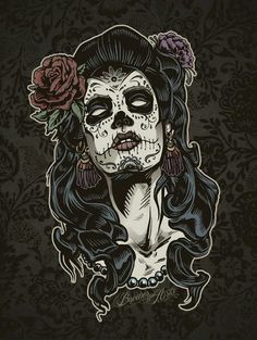 a woman with sugar skull makeup and flowers on her head, in front of a black background