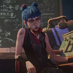 a woman with blue hair sitting in front of a blackboard