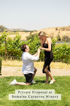 Man is on one knee, proposing to girlfriend with vineyards in the background during private proposal experience at Domaine Carneros Wine Country, Wine Tasting, This Summer, Wedding Photographer, Wedding Photographers