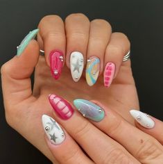 Funky August Nails, Funky Summer Nails, College Nails, Colorful Y2k, Nails Gel Nails, Summery Nails, Hard Gel