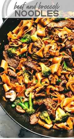 beef and broccoli noodle stir fry in a skillet with text overlay