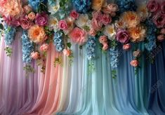 Rainbow Ombre Pastel Color Drapery With Floral Decor Backdrop - Gatsby Backdrop Bridgerton Theme Backdrop, Grandma Birthday Party Decorations, Curtain Decoration Ideas For Party, 85th Birthday Party Ideas For Grandma, Floral Decor Backdrop, Floral Theme Birthday Party, Giant Flower Wall, Photo Backdrop Ideas, Vintage Flower Decor