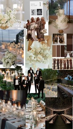 a collage of wedding pictures with white flowers