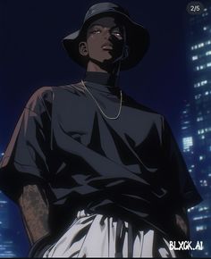 a man wearing a black hat standing in front of a tall building at night with his hands on his hips