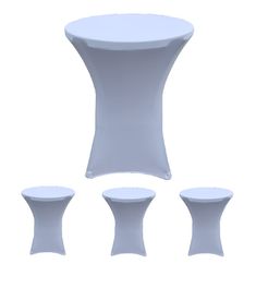 four white tables and two stools are shown in this image, with the table top slightly down