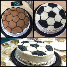 there are three different cakes with soccer balls on them, one is white and the other is black