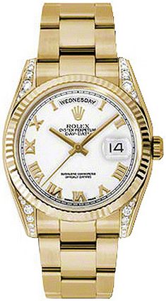 118338 ROLEX DAY-DATE MEN'S OR WOMEN'S LUXURY WATCH Usually ships within 3 months | View In Stock Rolex Watches - Free Overnight Shipping - With Manufacturer Serial Numbers - Swiss Made - White Dial with Roman Numerals - 32 Diamonds Set on Case - Solid 18k Yellow Gold Fluted Bezel - Day and Date Features - Self-winding Automatic Chronometer Movement - 6 Year Warranty - Guaranteed Authentic - Certificate of Authenticity - Manufacturer Box & Manual - Solid 18k Yellow Gold Case & Oyster Bracelet - Scratch Resistant Sapphire Crystal - 100 Meters / 330 Feet Waterproof - 36mm = 1 1/3" Case, 6.5" Adjustable Bracelet - Deployment Buckle - Screw Down Crown & Caseback - Free Bracelet Sizing     Also Known As Model # 118338WHTRFO Rolex Women, Gold Watch Men, Oyster Bracelet, Womens Watches Luxury, Authentic Watches, Rolex Oyster Perpetual, Free Bracelet, Rolex Oyster, Rolex Day Date