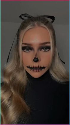 Unearth the ultimate Halloween hack! Transform into a bone-chilling beauty with this spine-tingling skull makeup tutorial. 💀✨#makeup #halloweenmakeup #halloween #halloweenlook #easyhalloweenmakeup #halloweenhacks #halloweenmakeuptutorial #halloweenideas #halloweenhacks #makeuphacks #skullmakeup Halloween Hairstyles Skeleton, Makeup For Skeleton Costume, Halloween Makeup For Blondes, Simple Face Halloween Makeup, Cute Skull Makeup Easy, Fun Skeleton Makeup, Halloween Makeup Only Costume, Skeleton Makeup Easy Simple, Halloween Makeup For Office