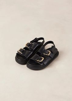 Harper - Black Leather Sandals | ALOHAS Black Open Toe Sandals With Gold Buckle, Black Leather Sandals With Gold Buckle, Leather Double Strap Sandals With Gold Buckle, Chic Leather Footbed Sandals With Buckle Closure, Leather Sandals With Gold Buckle, Leather Sandals With Gold Buckle And Round Toe, Black Slingback Sandals With Buckle And Open Heel, Black Leather Footbed Sandals With Tang Buckle, Leather Open Toe Sandals With Brass Buckle