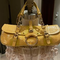 This Is A Beautiful Yellow Bag In Excellent Condition Elegant Yellow Bag With Silver-tone Hardware, Elegant Yellow Bags With Silver-tone Hardware, Yellow Rectangular Bag With Silver-tone Hardware, Luxury Yellow Bags With Silver-tone Hardware, Evening Yellow Shoulder Bag With Branded Hardware, Velvet Clutch, Python Skin, Bags Vintage, Shopping Tote Bag