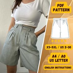 a woman wearing shorts and a white shirt with the text, pattern xs - xxl / us - 2 - 30