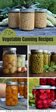 some jars filled with food and vegetables on top of a table