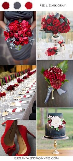 red and dark gray wedding color scheme for the bride's bouquets, flowers, and cake