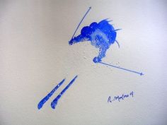 a drawing of a person skiing down a hill with skis and poles in the air