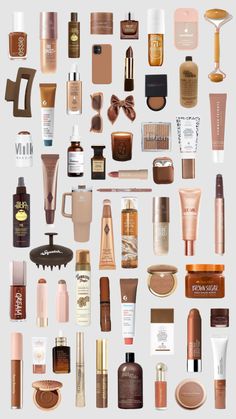 #makeup #brown #brownaestehtic #aestehthic #glossier #treehut #sunbum #soldejaneiro #essie #dior #summerfridays #nyx #rarebeauty #fenty #beauty #fyp #wallpaper #charlottetilbury #drunkelephant #fypp Beach Esencial, Brown Skincare Aesthetic, Brown Wishlist, Brown Skin Care, Brown Skincare, Brown Stuff, Makeup Brown, Autumn Skincare, Feminine Energy Aesthetic