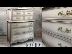 an old dresser is painted white and gold