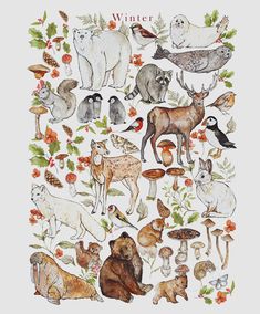 an illustration of many different animals in the forest with flowers and leaves on it's back