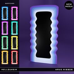 an image of a set of neon colored mirrors with different shapes and colors on them