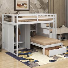 a white bunk bed sitting on top of a hard wood floor next to a dresser