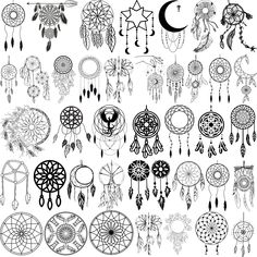 a large collection of dream catchers and other decorative items, all drawn in black ink