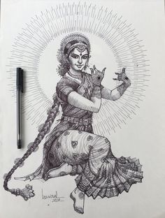 a drawing of a woman holding a cat on top of a paper with a pen next to it