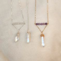 Unique Jewelry, Angel Aura Quartz Point Necklace, Amethyst Beads Necklace, Gold Chain Necklace, Titanium AB Color Crystal Necklace, Healing Crystal Point Necklace, White Quartz Pendant Necklace, Boho Jewelry Gift, Women's Necklace, Gift For Her Size:Necklace:16 inch, 18 inch;  Crystal Size:28mm~48mm long, 8mm~15mm thickness;  Amethyst Bead:7mm~8mm;  Color: electroplated AB white, purple, gold Material: Natural amethyst beads, angel aura crystal points, gold electroplated on brass Quantity: 1 piece = 1 necklace Others: These necklaces are made of natural real amethyst & crystals with electroplated AB white color coating, stones slightly vary at shape, size and color, some will have a little bit small defect, this is natural and normal. Quartz Point Necklace, Crystal Point Necklace, Quartz Pendant Necklace, Necklace Amethyst, Aura Crystals, Pretty Angel, Angel Aura Quartz, Angel Aura, Amethyst Beads