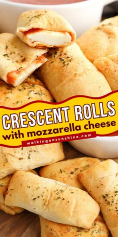 All the flavor of pizza wrapped up in these easy-to-make Crescent Rolls with Mozzarella Cheese. Made from flakey crescent rolls, tomato sauce and mozzarella sticks, these treats are rolled, sealed, and generously brushed with melted butter, then baked till golden brown! String Cheese Mozzarella Sticks, Cheesy Foods, Homemade Pizza Rolls, Crescent Roll Pizza, Pizza Roll Up, Savory Tarts, Mozzarella Cheese Sticks, Frugal Recipes, Chef Club