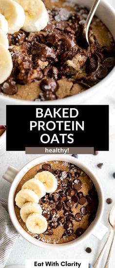 baked protein oats in a bowl with bananas and chocolate chips