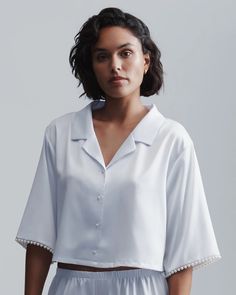 Pearl Luxury Satin Shirt White/Pearl – Bluebella - US White Tops With Pearl Buttons For Work, White Tops With Pearl Buttons For Workwear, Open Bra, Satin Trousers, One More Day, Black Friday Promotions, Satin Shirt, Branded Gifts, Beaded Trim